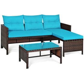 3 Piece Outdoor Patio Corner Rattan Sofa Set (Color: Turquoise)