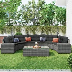 8 piece Outdoor Wicker Round Sofa Set, Half-Moon Sectional Sets All Weather, Curved Sofa Set With Rectangular Coffee Table (Color: Gray)