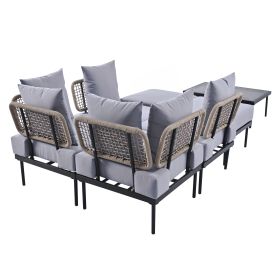 TREXM 8 Piece Patio Sectional Sofa Set with Tempered Glass Coffee Table and Wooden Coffee Table for Outdoor Oasis, Garden (Color: as Pic)