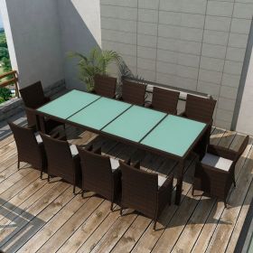 11 Piece Patio Dining Set with Cushions Poly Rattan Brown (Color: Brown)