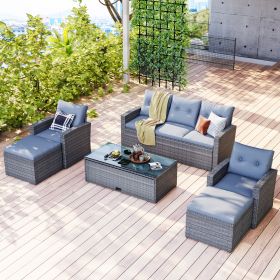 GO 6 piece All-Weather Wicker PE rattan Patio Outdoor Dining Conversation Sectional Set with coffee table, wicker sofas, ottomans (Color: as Pic)