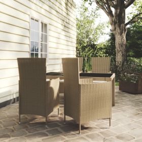 5 Piece Outdoor Dining Set with Cushions Poly Rattan Beige (Color: Beige)