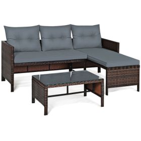 3 Piece Outdoor Patio Corner Rattan Sofa Set (Color: Gray)