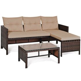 3 Piece Outdoor Patio Corner Rattan Sofa Set (Color: Beige)