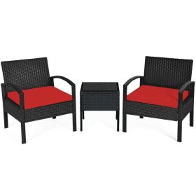 3 Piece Outdoor Rattan Patio Conversation Set with Seat Cushions (Color: Red)