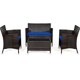 4 Piece Comfortable Outdoor Rattan Sofa Set with Table (Color: Navy)