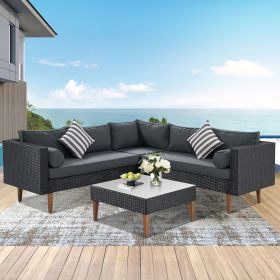 4 piece Outdoor Wicker Sofa Set; Patio Furniture with Colorful Pillows; L-shape sofa set; Beige cushions and Brown Rattan (Color: Black+ Gray)