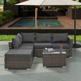 Patio Furniture, Outdoor Furniture, Seasonal PE Wicker Furniture, 4 Set Wicker Furniture With Tempered Glass Coffee Table, Dark Gray (Color: as Pic)