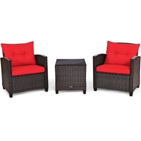 3 Piece Rattan Patio Furniture Set with Washable Cushion (Color: Red)