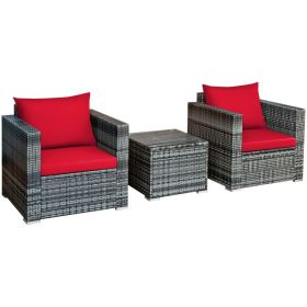 3 Piece Patio Rattan Furniture Bistro Sofa Set with Cushioned (Color: Red)