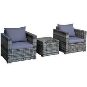 3 Piece Patio Rattan Furniture Bistro Sofa Set with Cushioned (Color: Gray)