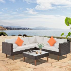 4 piece Outdoor Wicker Sofa Set; Patio Furniture with Colorful Pillows; L-shape sofa set; Beige cushions and Brown Rattan (Color: Beige)