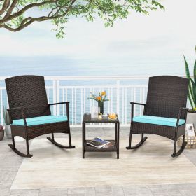 3 Piece Patio Rocking Set Wicker Rocking Chairs with 2-Tier Coffee Table (Color: Turquoise)