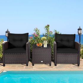 3 Piece Rattan Patio Furniture Set with Washable Cushion (Color: Black)