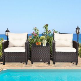 3 Piece Rattan Patio Furniture Set with Washable Cushion (Color: White)