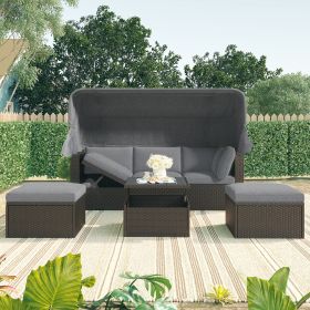 U-Style Outdoor Patio Rectangle Daybed with Retractable Canopy, Wicker Furniture Sectional Seating with Washable Cushions, Backyard (Color: as Pic)