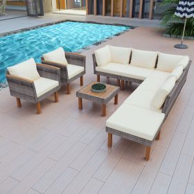 GO 9 Piece Patio Rattan Furniture Set, Outdoor Conversation Set With Acacia Wood Legs and Tabletop, PE Rattan Sectional Sofa Set with Coffee Table (Color: as Pic)