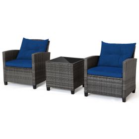 3 Piece Outdoor Wicker Conversation Set with Tempered Glass Tabletop (Color: Navy)