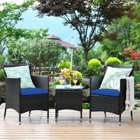 3 Piece Ergonomic Wicker Patio Conversation Set (Color: Navy)