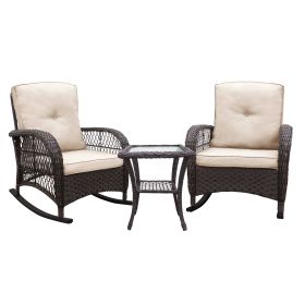 3 Piece Conversation Set, Outdoor Wicker Rocker Patio Bistro Set, Rocking Chair with Glass Top Side Table (Color: as Pic)