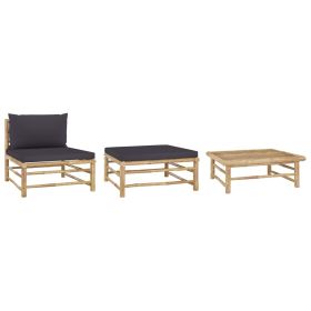 3 Piece Patio Lounge Set with Dark Gray Cushions Bamboo (Color: Brown)