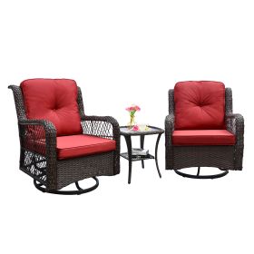 Outdoor Bistro 3 Piece Set; Resin Wicker Swivel Rocker Patio Chair; 360-Degree Swivel Rocking Chairs, Tempered Glass Coffee Table Brown (Color: Red)