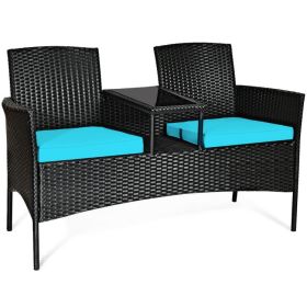 Wicker Patio Conversation Furniture Set with Removable Cushions and Table (Color: Turquoise)