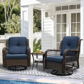 Outdoor Bistro 3 Piece Set; Resin Wicker Swivel Rocker Patio Chair; 360-Degree Swivel Rocking Chairs, Tempered Glass Coffee Table Brown (Color: Blue)