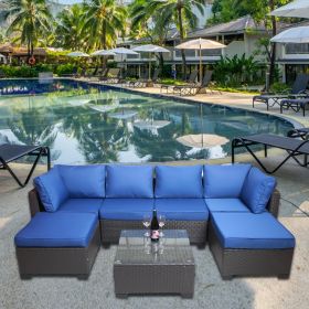 7 Piece Outdoor Patio Sectional Sofa Couch, Silver Gray PE Wicker Furniture Conversation Sets with Washable Cushions & Glass Coffee Table (Color: Brown)