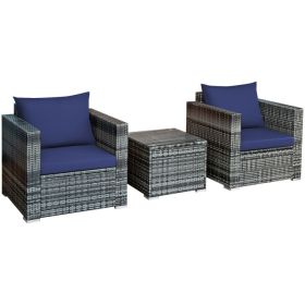 3 Piece Patio Rattan Furniture Bistro Sofa Set with Cushioned (Color: Navy)