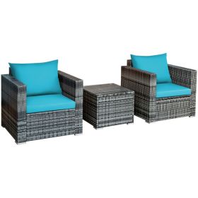 3 Piece Patio Rattan Furniture Bistro Sofa Set with Cushioned (Color: Turquoise)