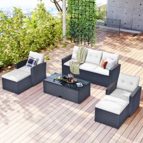 6 piece All-Weather Wicker PE rattan Patio Outdoor Dining Conversation Sectional Set with coffee table, wicker sofas, ottomans (Color: Beige)