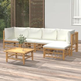 6 Piece Patio Lounge Set with Cream White Cushions Bamboo (Color: Brown)