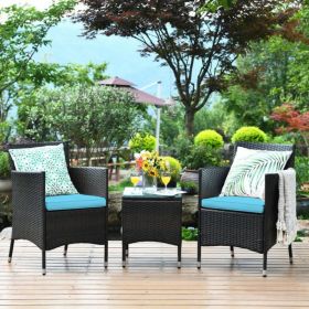 3 Piece Ergonomic Wicker Patio Conversation Set (Color: Blue)