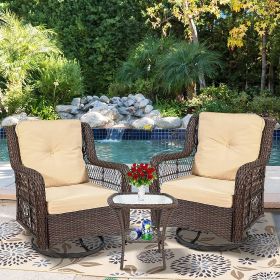 Outdoor Bistro 3 Piece Set; Resin Wicker Swivel Rocker Patio Chair; 360-Degree Swivel Rocking Chairs, Tempered Glass Coffee Table Brown (Color: Khaki)