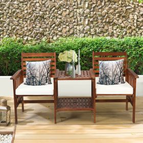 3 Piece Outdoor Patio Table Chairs Set Acacia Wood Loveseat (Color: White)